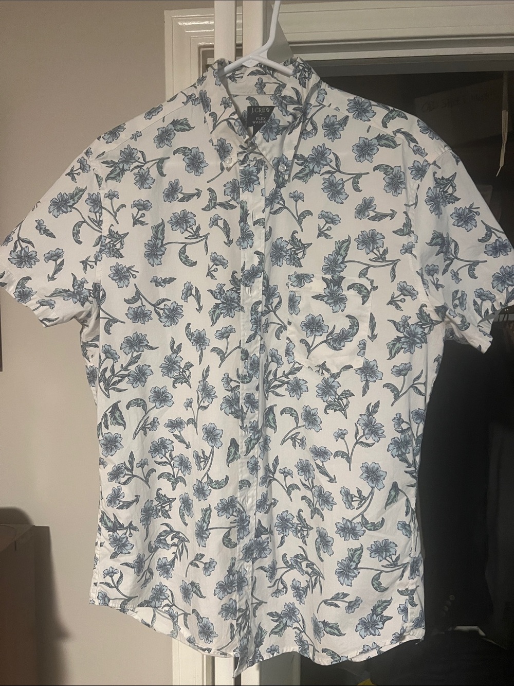 J. Crew Men’s White Short-Sleeve Shirt with Blue Floral Print